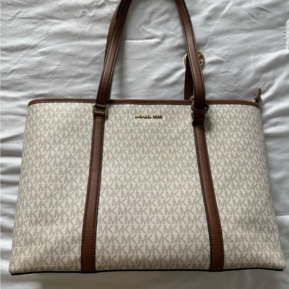 Michael Kors Ivory Monogram Tote with Brown Trim and Gold Hardware